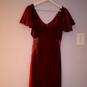 red velvet maxi dress with open back and lace detailing